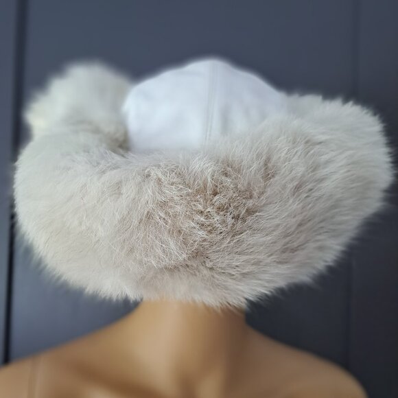 Cream Fox Trimmed Hat with White Leather Crown and Jewels